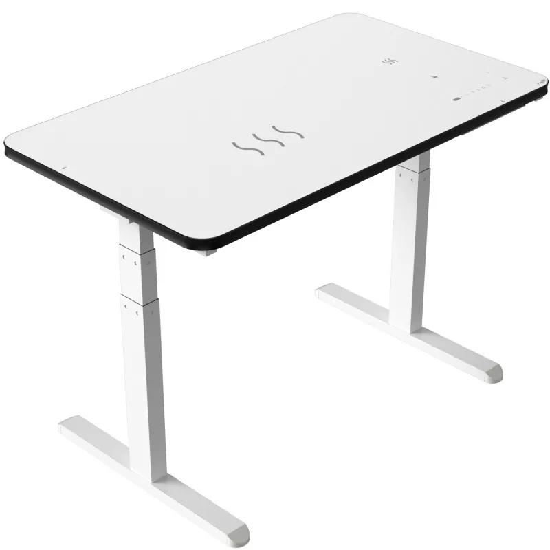 Beirazko mahai zuria Motor bikoitzeko altxatzeko mahai elektrikoa Beirazko mahai zuria Motor bikoitzeko altxatzeko mahai elektrikoa